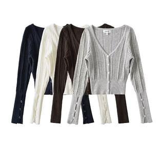 V-Neck Plain Cutout Button-Up Crop Cardigan Product Image