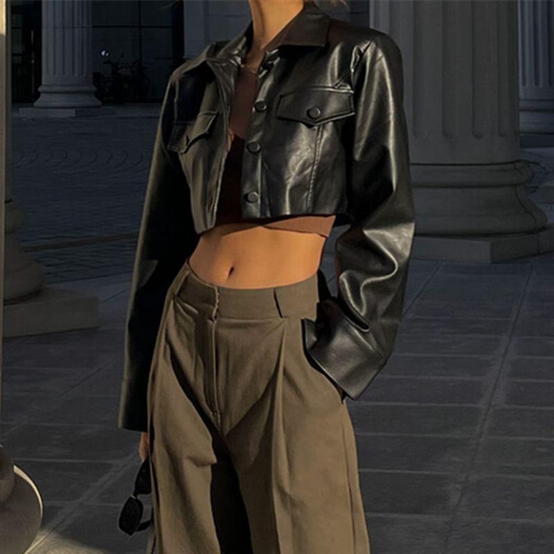 Collar Plain Faux Leather Crop Button Jacket Product Image