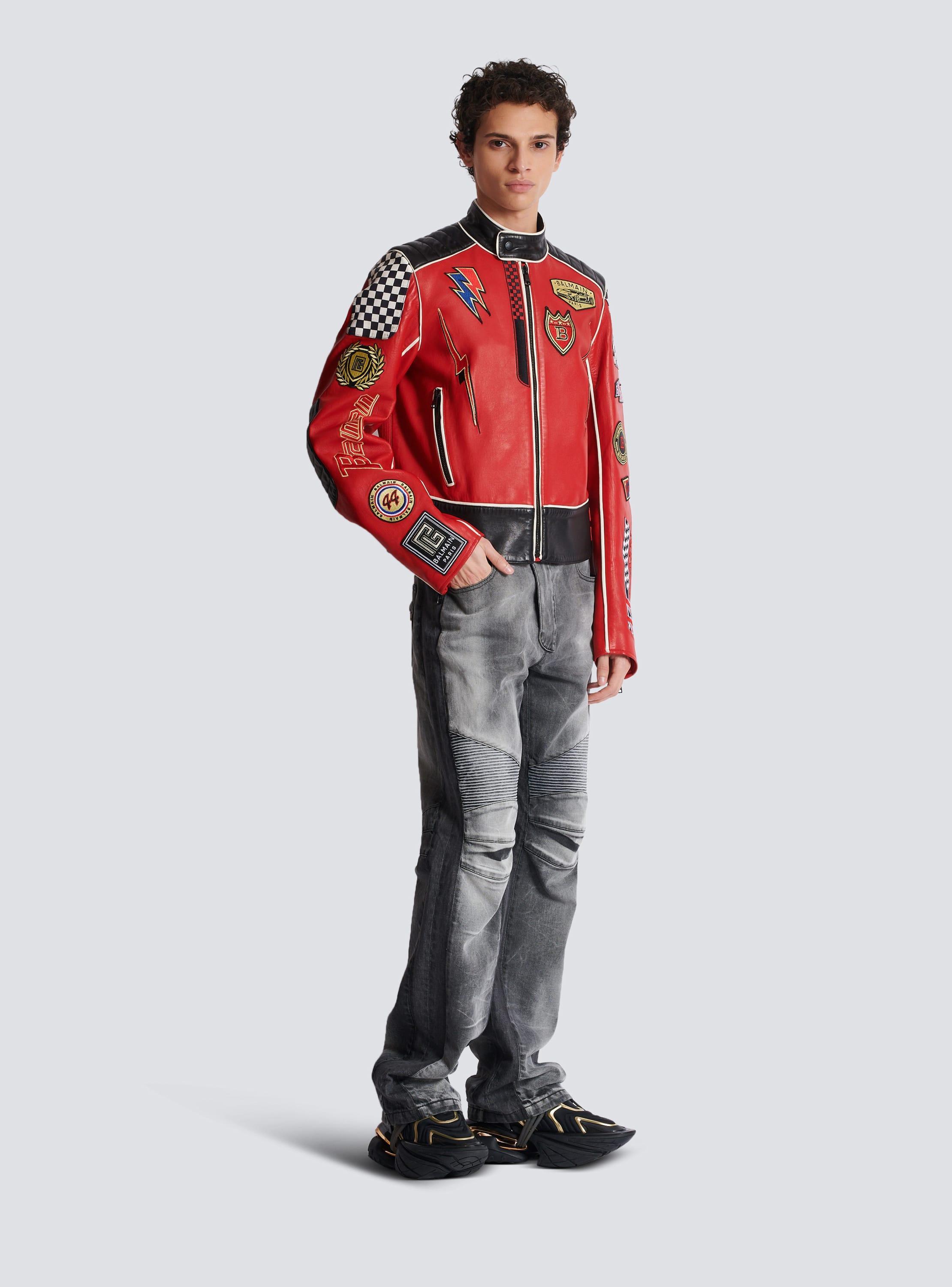 Lambskin jacket with Balmain Racing patches Product Image