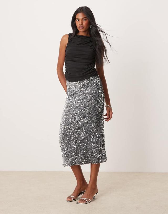 Vila sequin & velour maxi skirt in silver gray Product Image