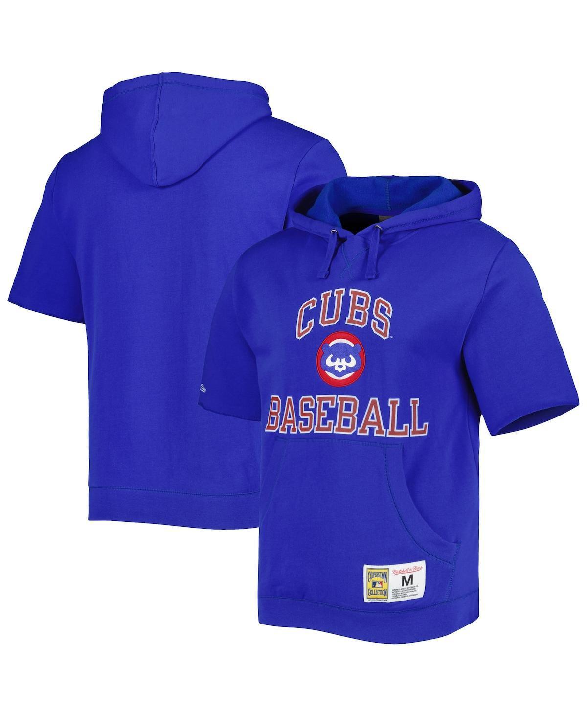 Mens Mitchell & Ness Royal Chicago Cubs Cooperstown Collection Washed Fleece Pullover Short Sleeve Hoodie Product Image