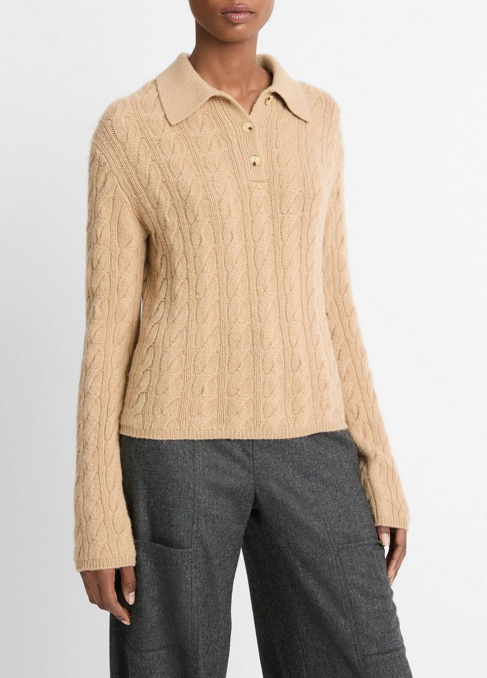 Womens Cable-Knit Wool-Blend Polo Sweater, Off White, Size M Vince Product Image