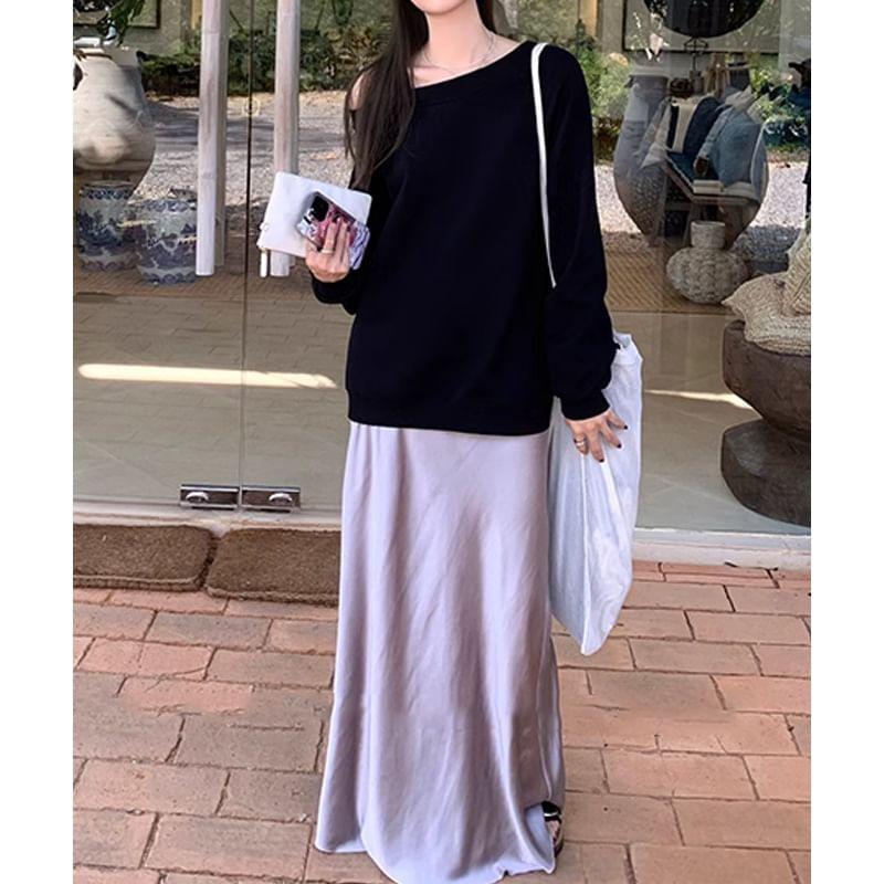 High Waist Plain Maxi A-Line Skirt Product Image