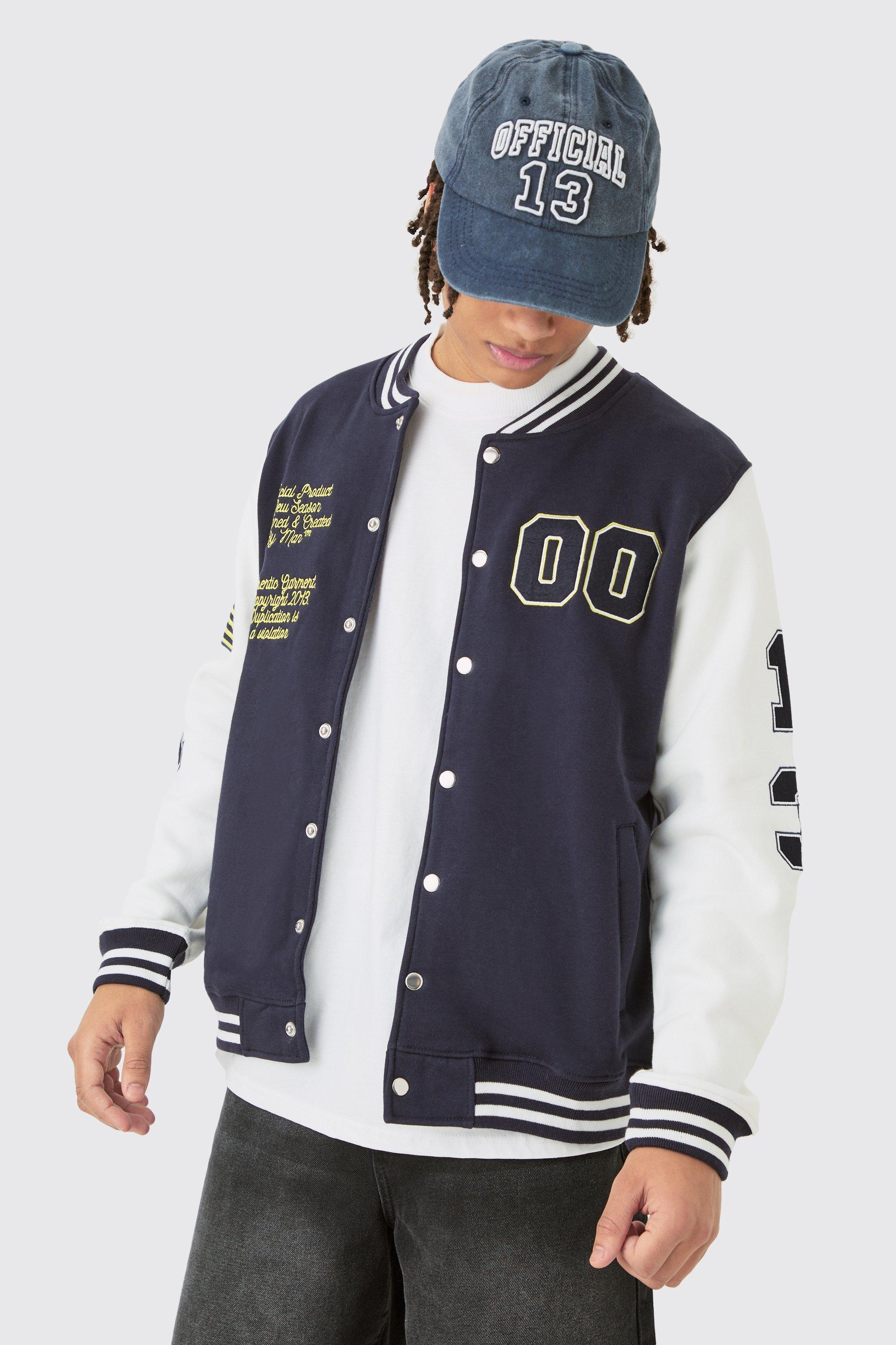 Mens Navy Jersey Varsity Bomber Jacket With Badges, Navy Product Image