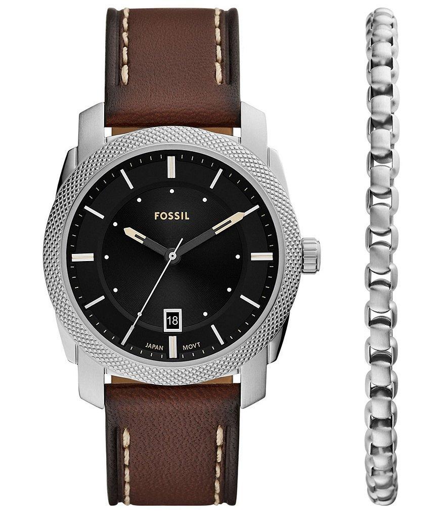 Fossil Men's Machine Three-Hand Brown Leather Strap Watch and Bracelet Set Product Image