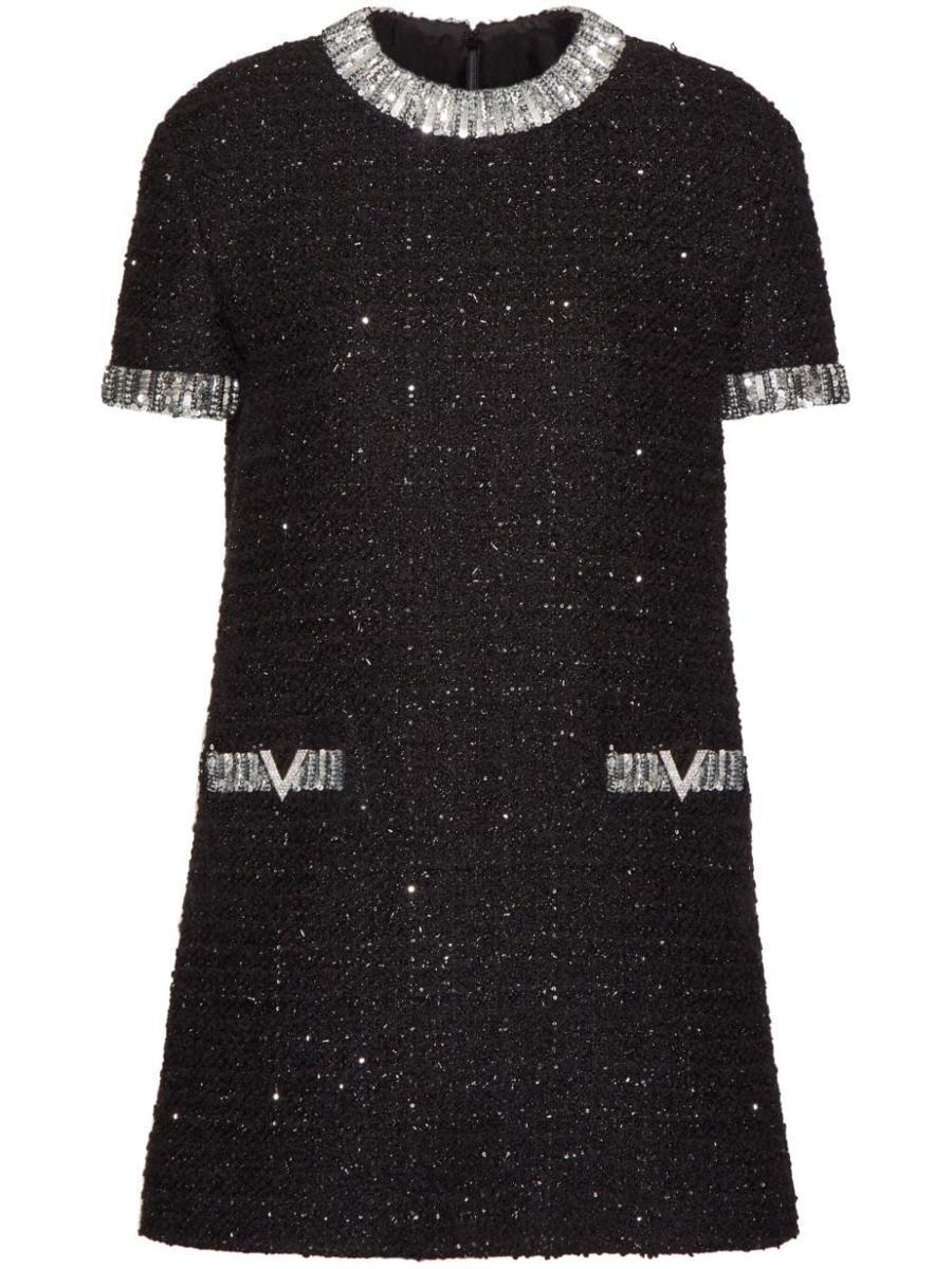 VALENTINO Embroidered Tweed Minidress In Black Silver Product Image