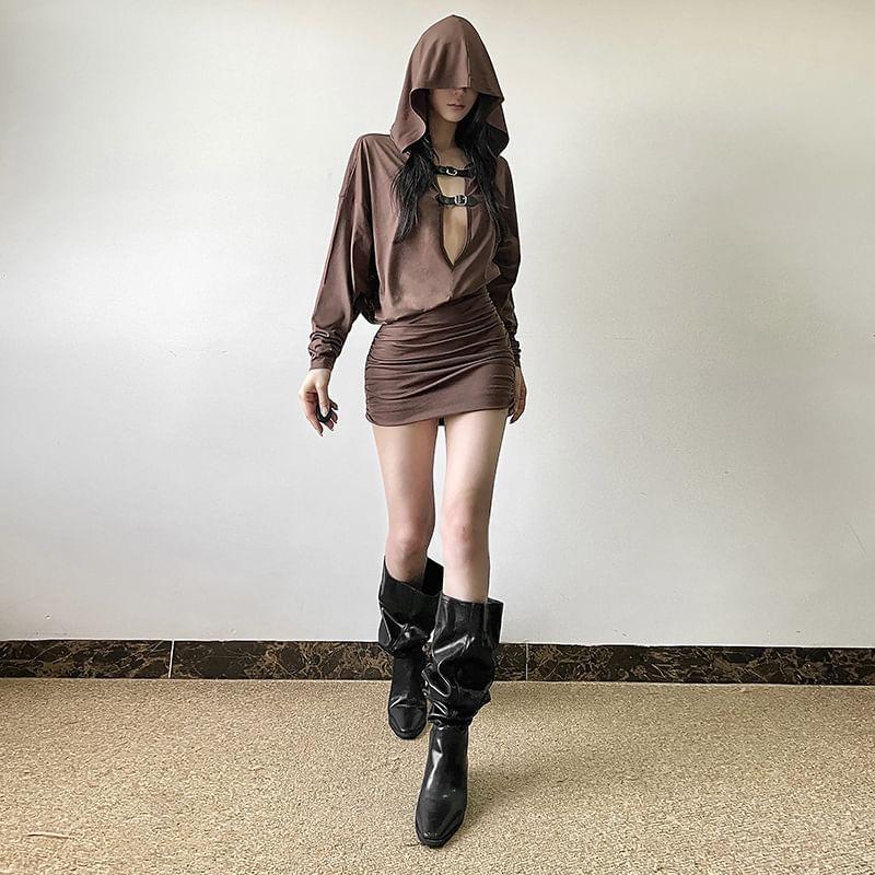 Long Sleeve V-Neck Buckle Accent Plain Hooded Slim-Fit Mini Bodycon Dress Product Image