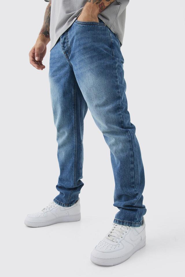 Straight Rigid Jean In Mid Blue | boohooMAN USA Product Image