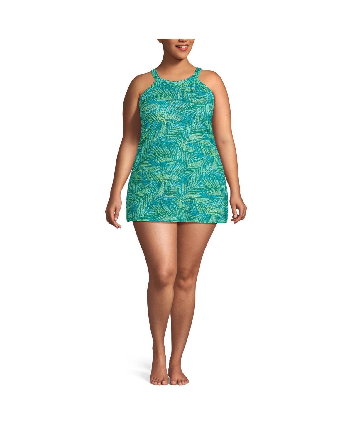 Plus Size Lands End UPF 50 High Neck One-Piece Swim Dress, Womens Green Stipple Palm Product Image