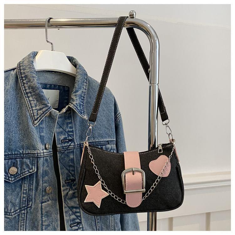 Applique Chained Buckled Denim Crossbody Bag Product Image