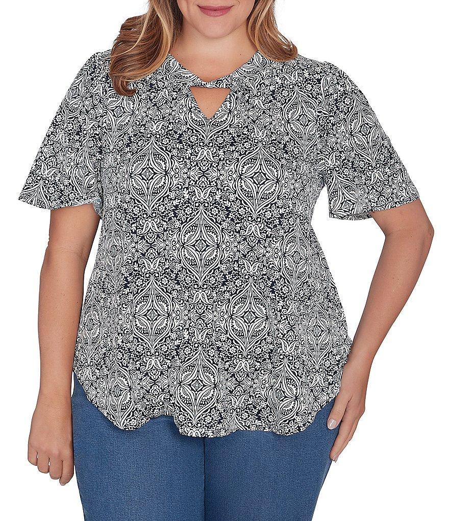 Ruby Rd. Plus Size Medallion Print Knit Keyhole Neck Short Sleeve Top Product Image