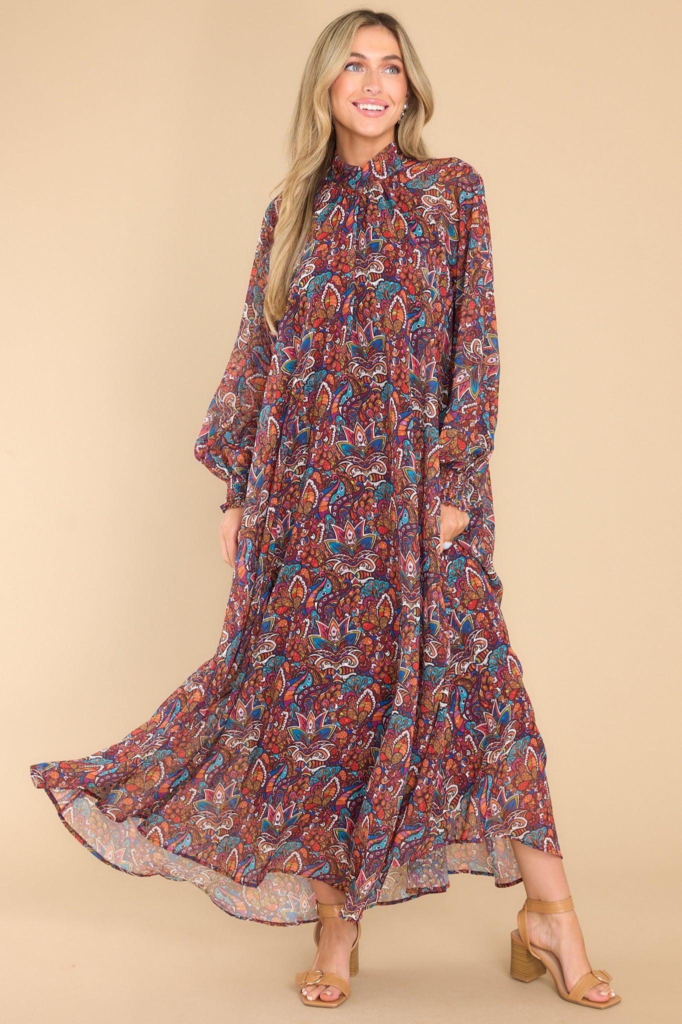 Aura Wise Woman Burgundy Multi Print Maxi Dress Product Image