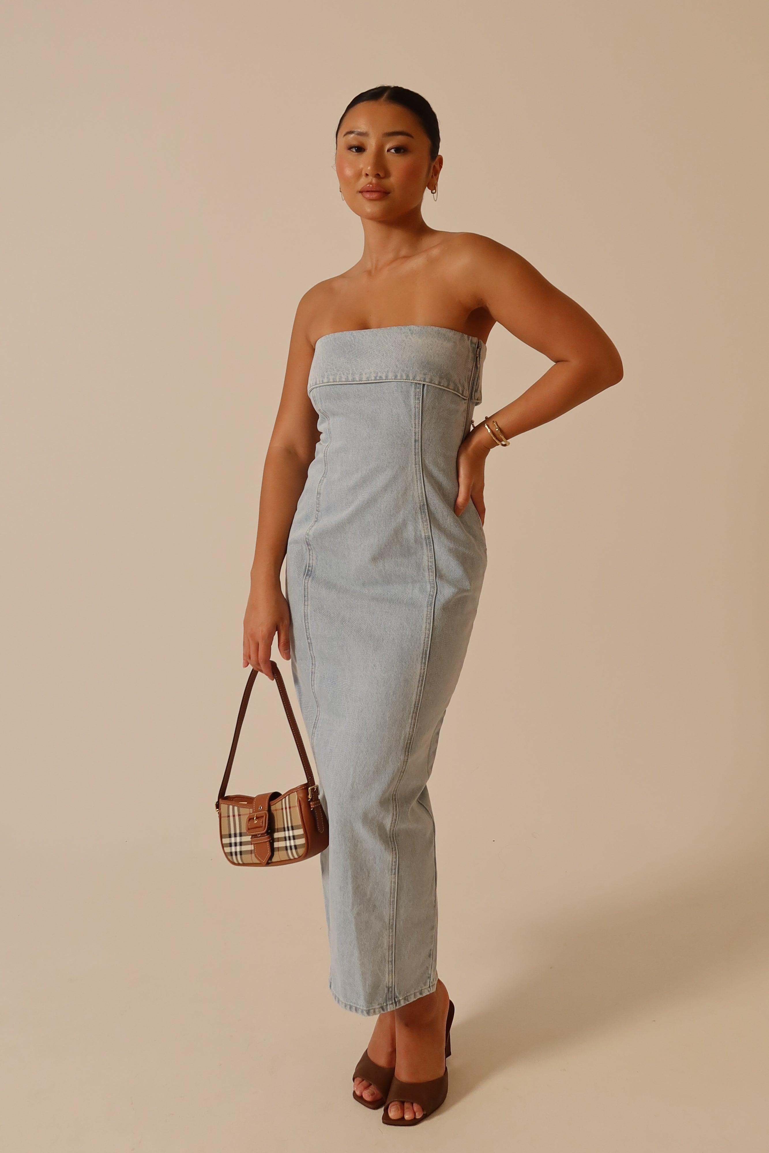 Katherine Strapless Denim Midi Dress - Light Blue Product Image