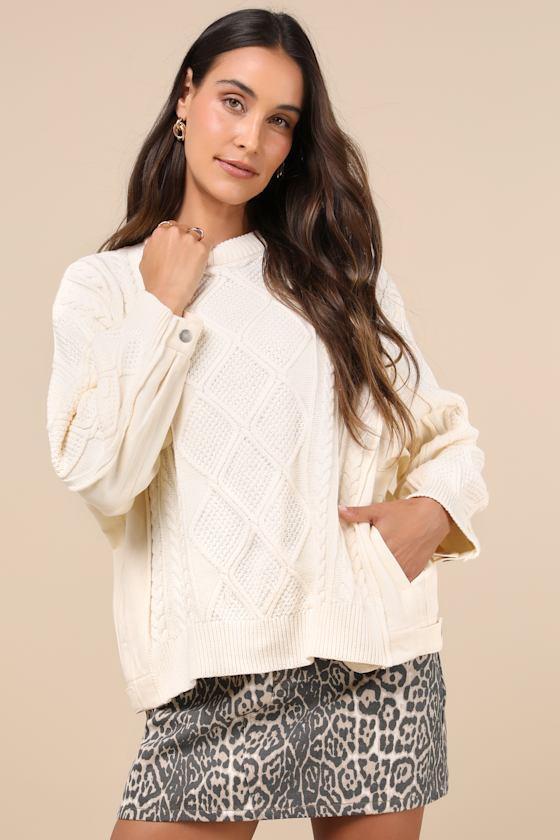 Unique Sweetness Ivory Cable Knit Oversized Denim Sweater Product Image