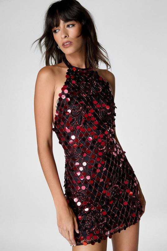 Disc Sequin Paisley Beaded High Neck Strappy Back Mini Dress Product Image