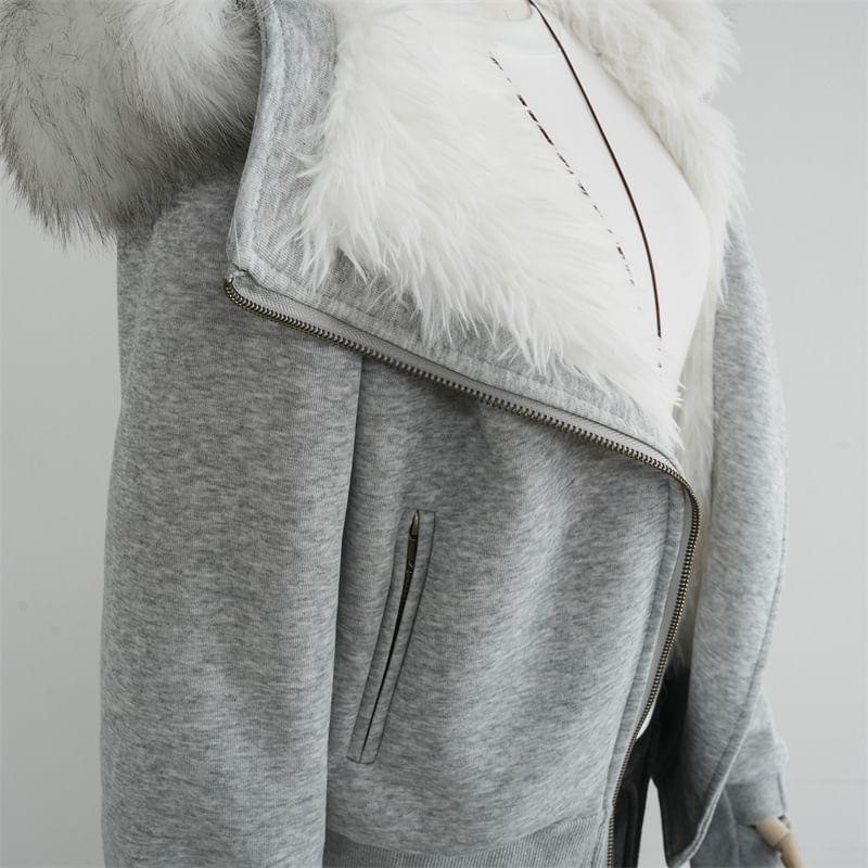 Fluffy Hooded Plain Zip Jacket Product Image