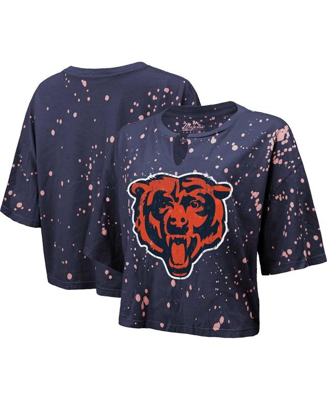 Majestic Womens Navy Chicago Bears Bleach Splatter Notch Neck Crop T-Shirt Product Image