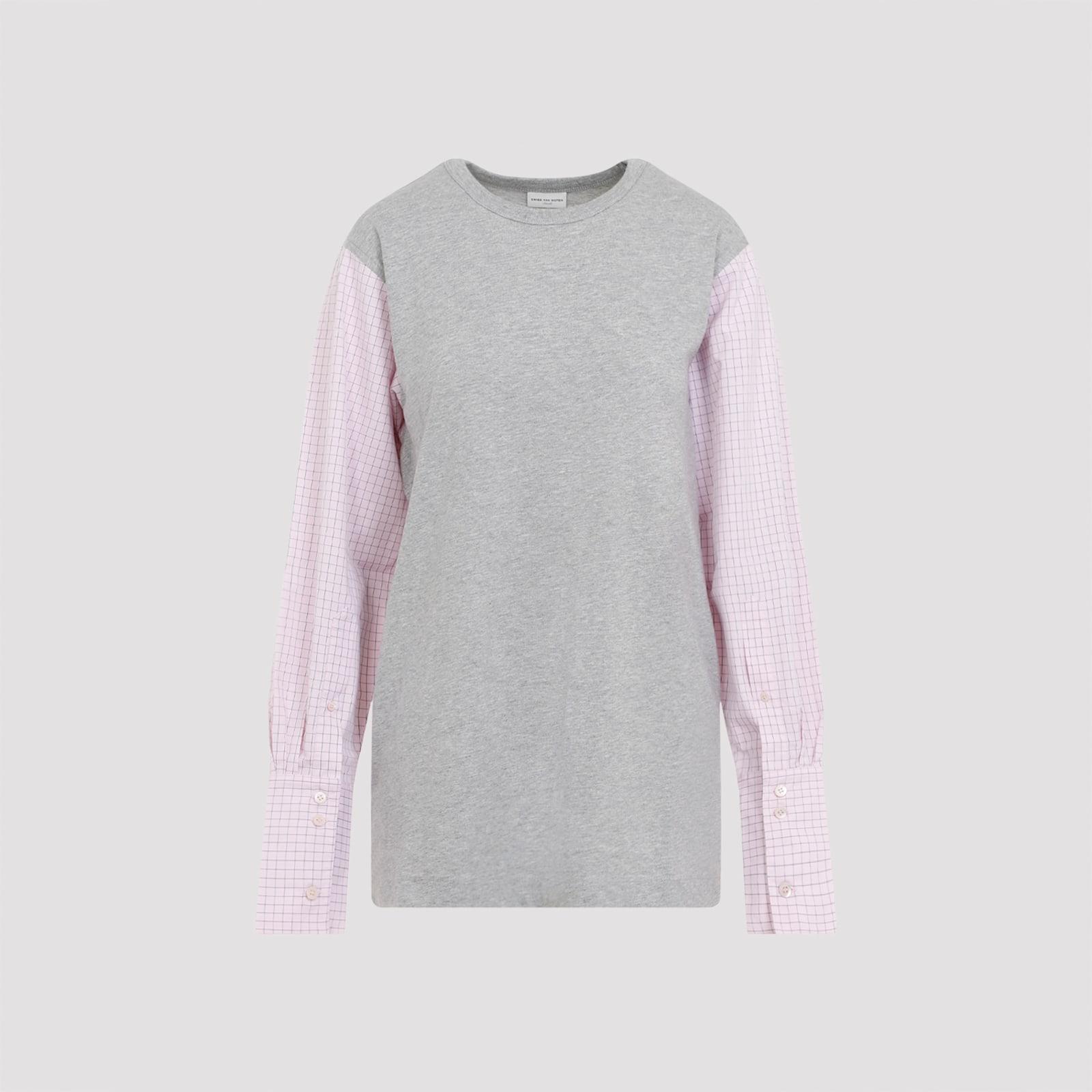 DRIES VAN NOTEN Womens Grey Melange Heos Contrast-sleeved Cotton-jersey T-shirt Product Image