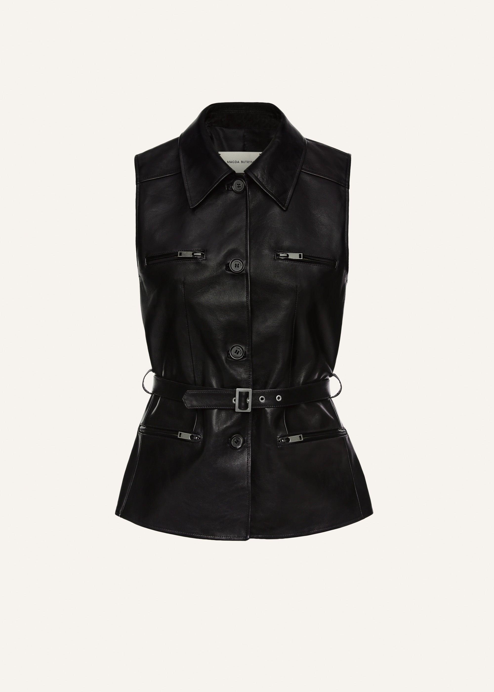 Sleeveless belted leather vest Product Image