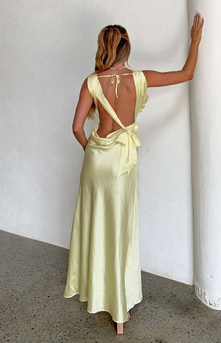 Laria Yellow Satin Formal Maxi Dress Product Image