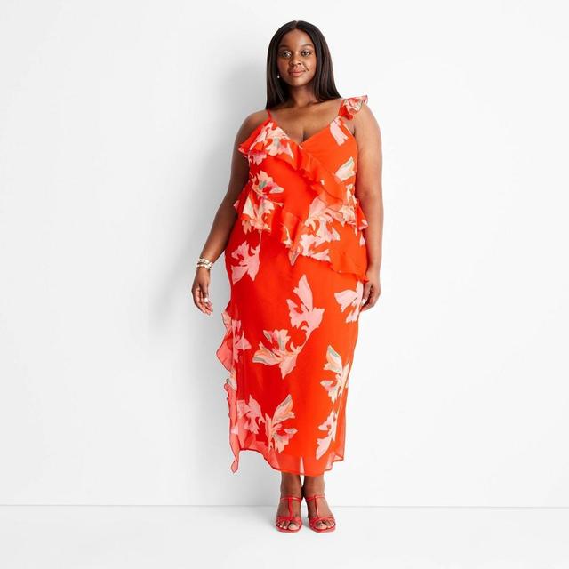 Womens Ruffle Ankle Length Dress - Future Collective with Jenee Naylor Red Floral 1X Product Image