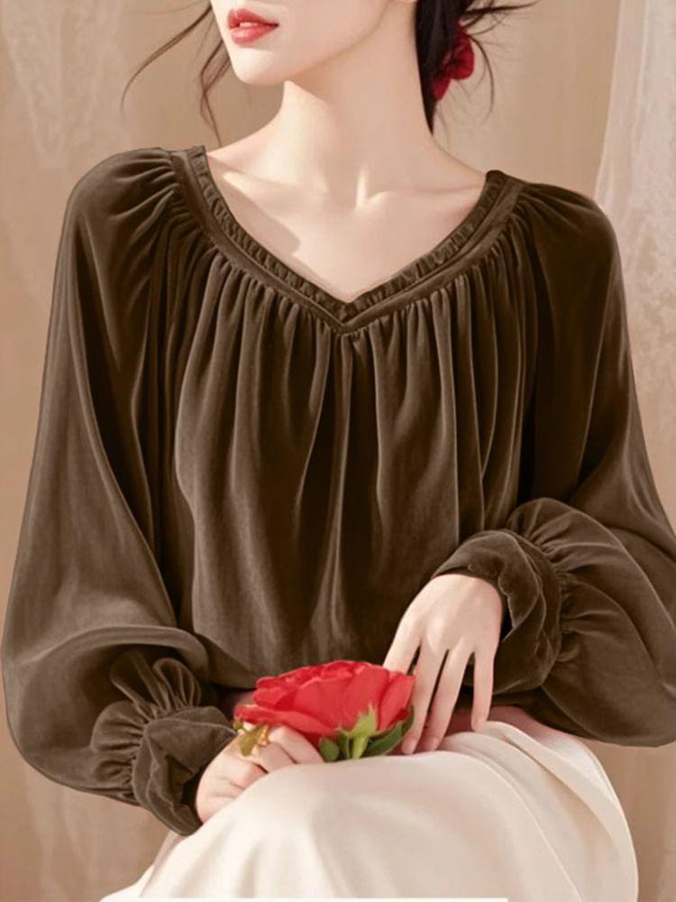 Balloon Sleeve V-Neck Plain Gathered Velvet Blouse Product Image