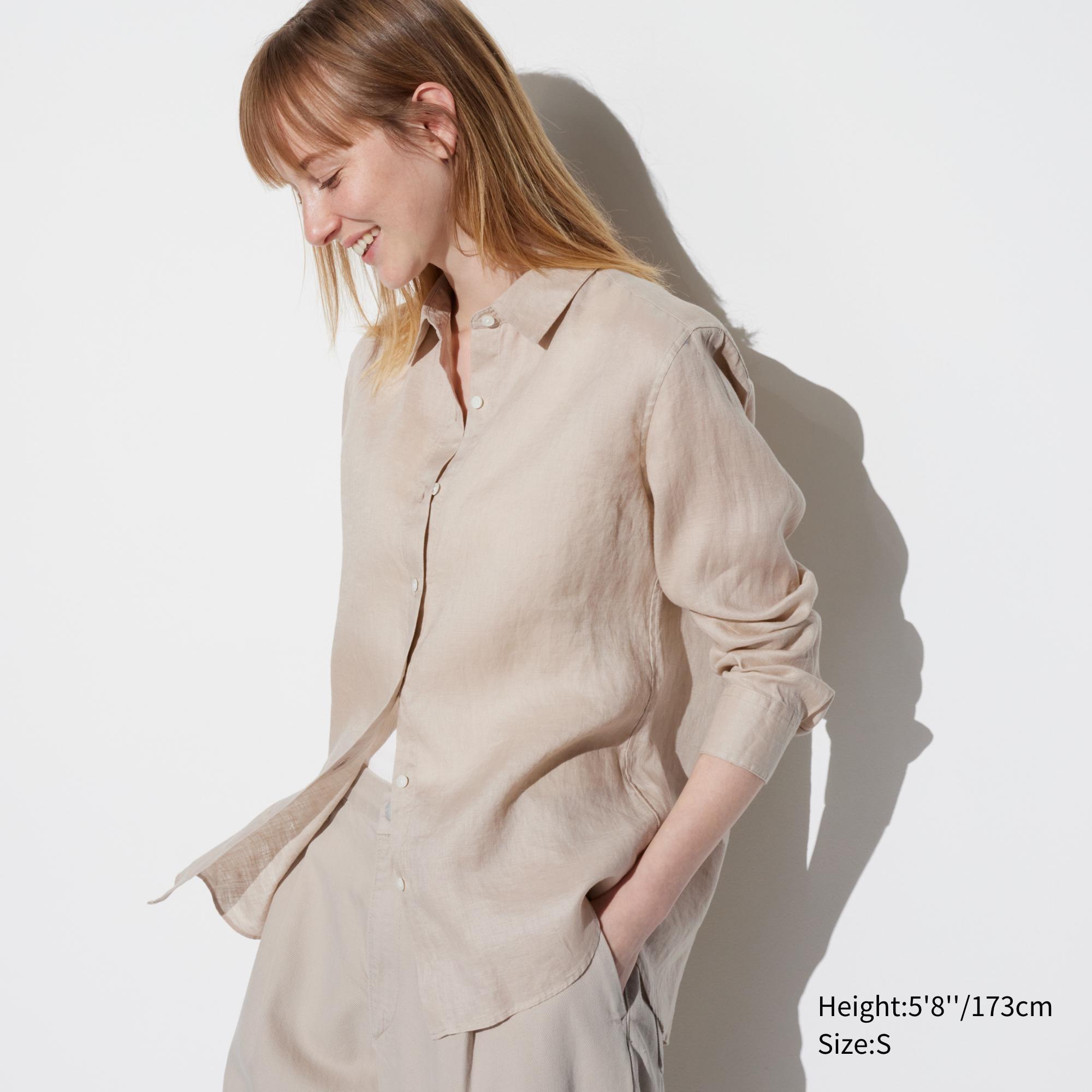 Womens Premium Linen Long-Sleeve Shirt Beige Large UNIQLO US product image