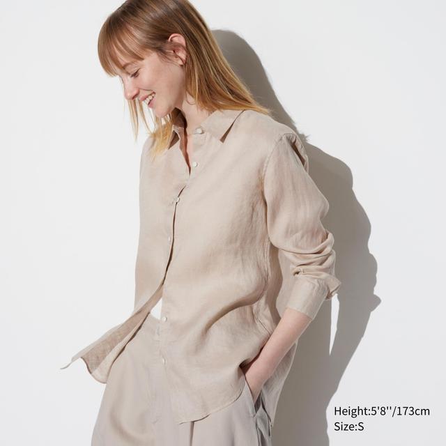 Womens Premium Linen Long Sleeve Shirt Beige 2XL UNIQLO US Product Image