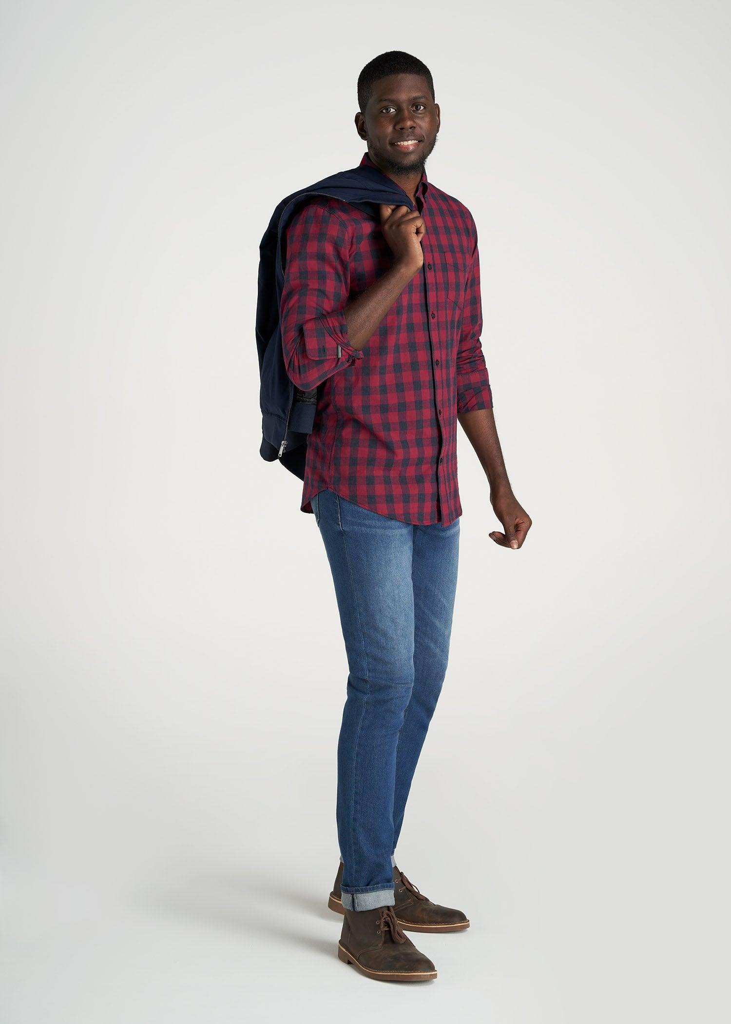 Soft-Wash Button-Up Shirt for Tall Men in Red & Deep Denim Plaid Male Product Image