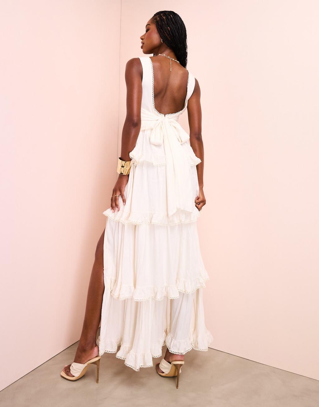 ASOS LUXE pleated bust tiered maxi dress with tie back in cream  Product Image