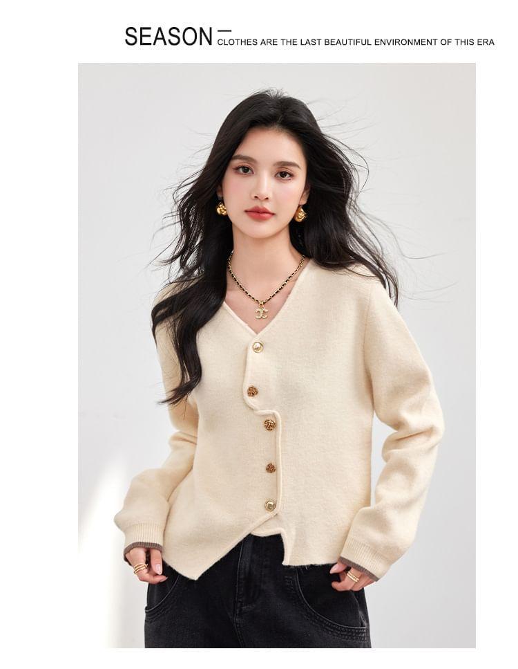 V-Neck Plain Asymmetrical Button Cardigan Product Image