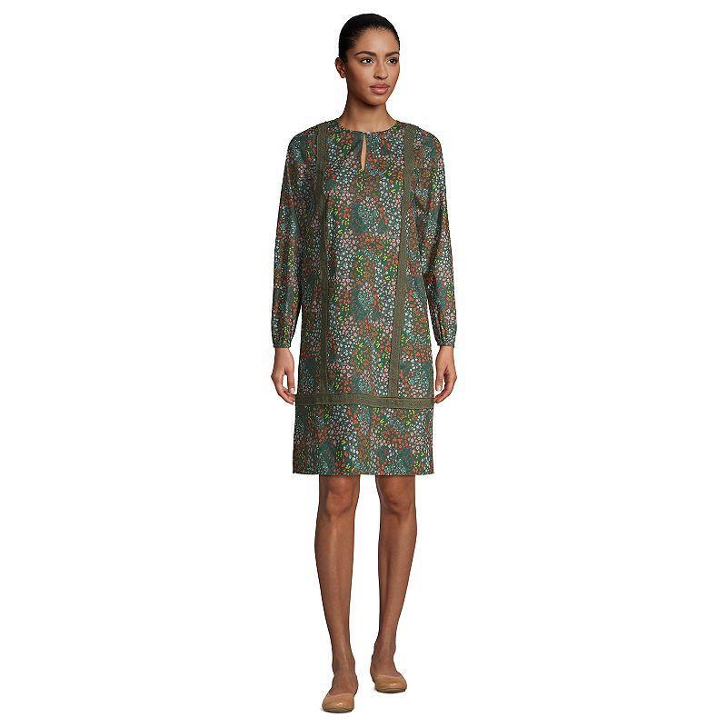 Womens Lands End Poplin Relaxed-Fit Splitneck Dress Green Moss Floral Product Image