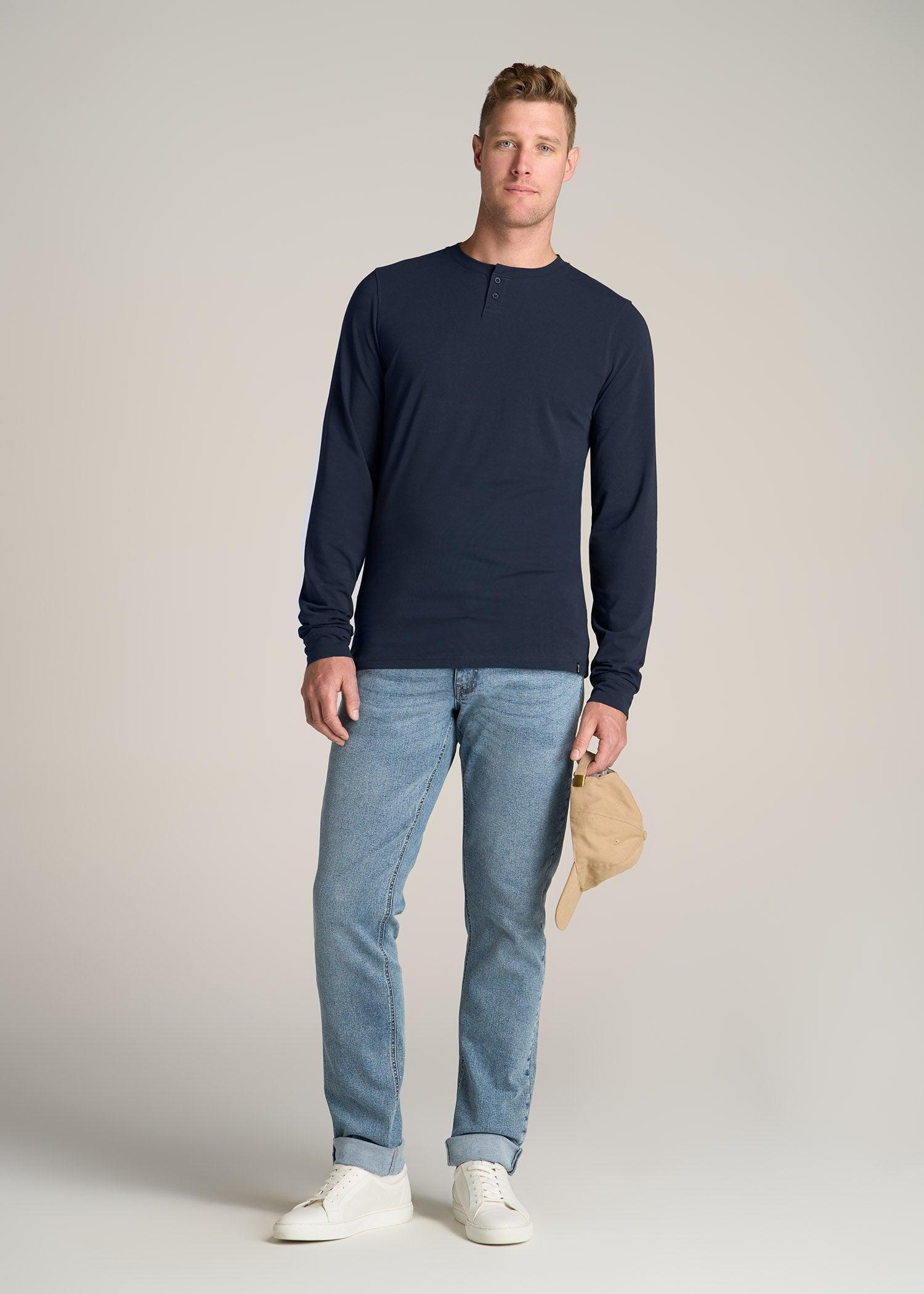 Pima Stretch Knit Henley Shirt for Tall Men in Evening Blue Male Product Image