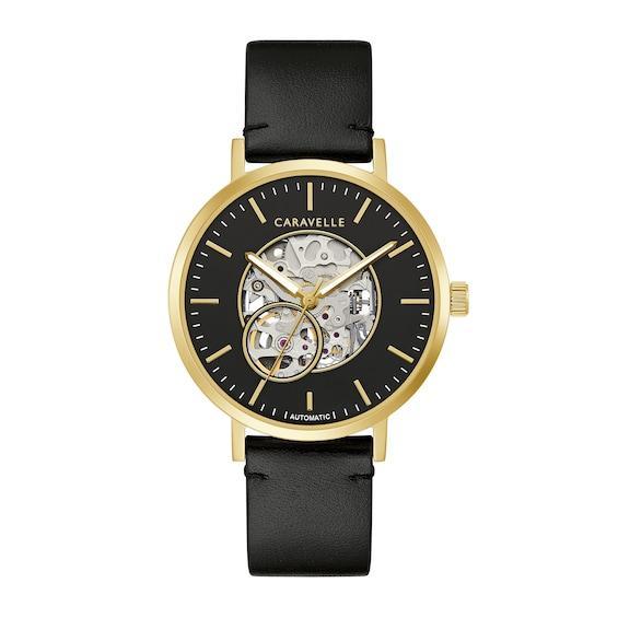 Men's Caravelle by Bulova Automatic Gold-Tone Strap Watch with Black Skeleton Dial (Model: 44A121) Product Image