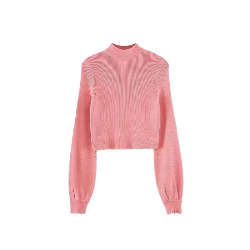 Mock Neck Plain Ribbed Crop Sweater Product Image