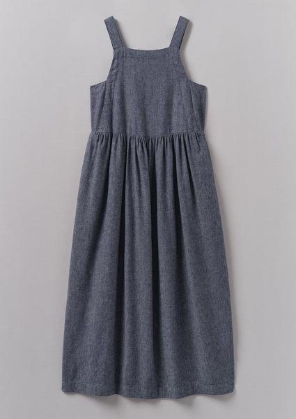 Cotton Linen Twill Gathered Waist Dress | Indigo Blue Product Image