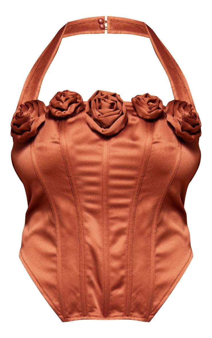 Plus Bronze Satin Rose Applique Trim Halterneck Corset Product Image