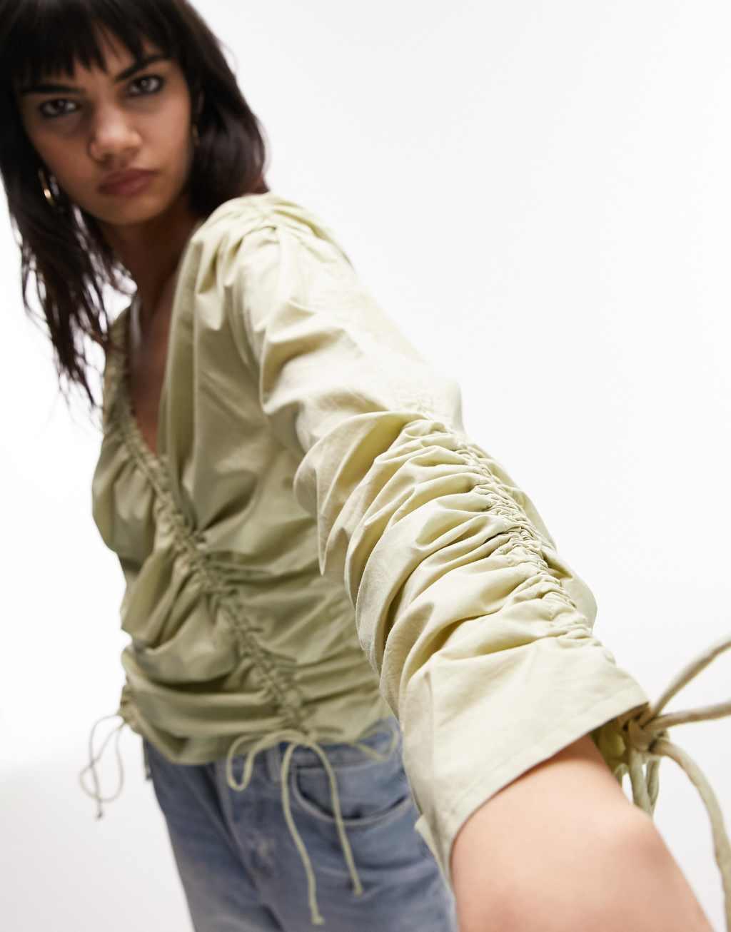 Topshop multi channel ruched poplin top in sage green  Product Image