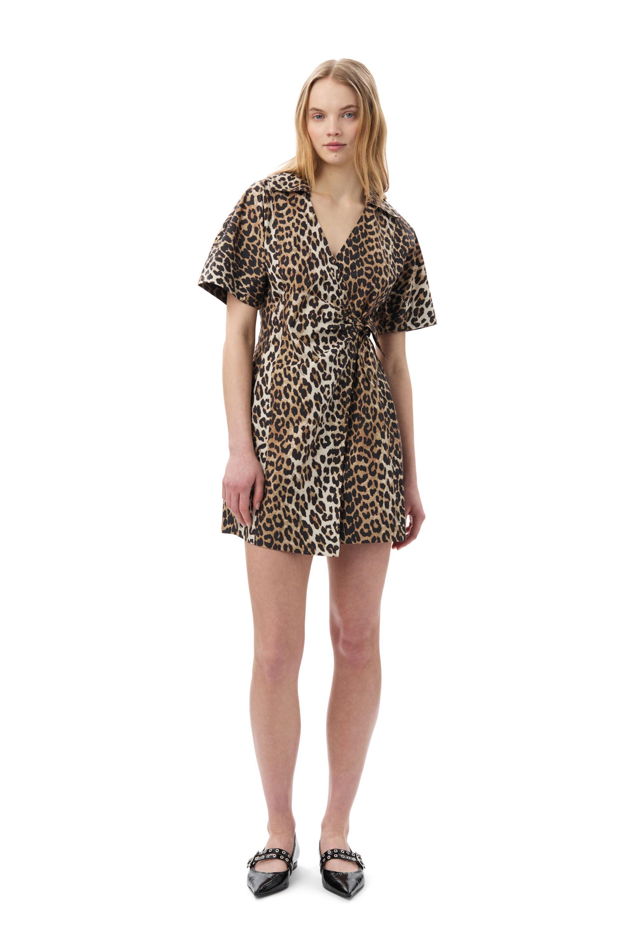 Leopard Printed Cotton Wrap Mini Dress Product Image