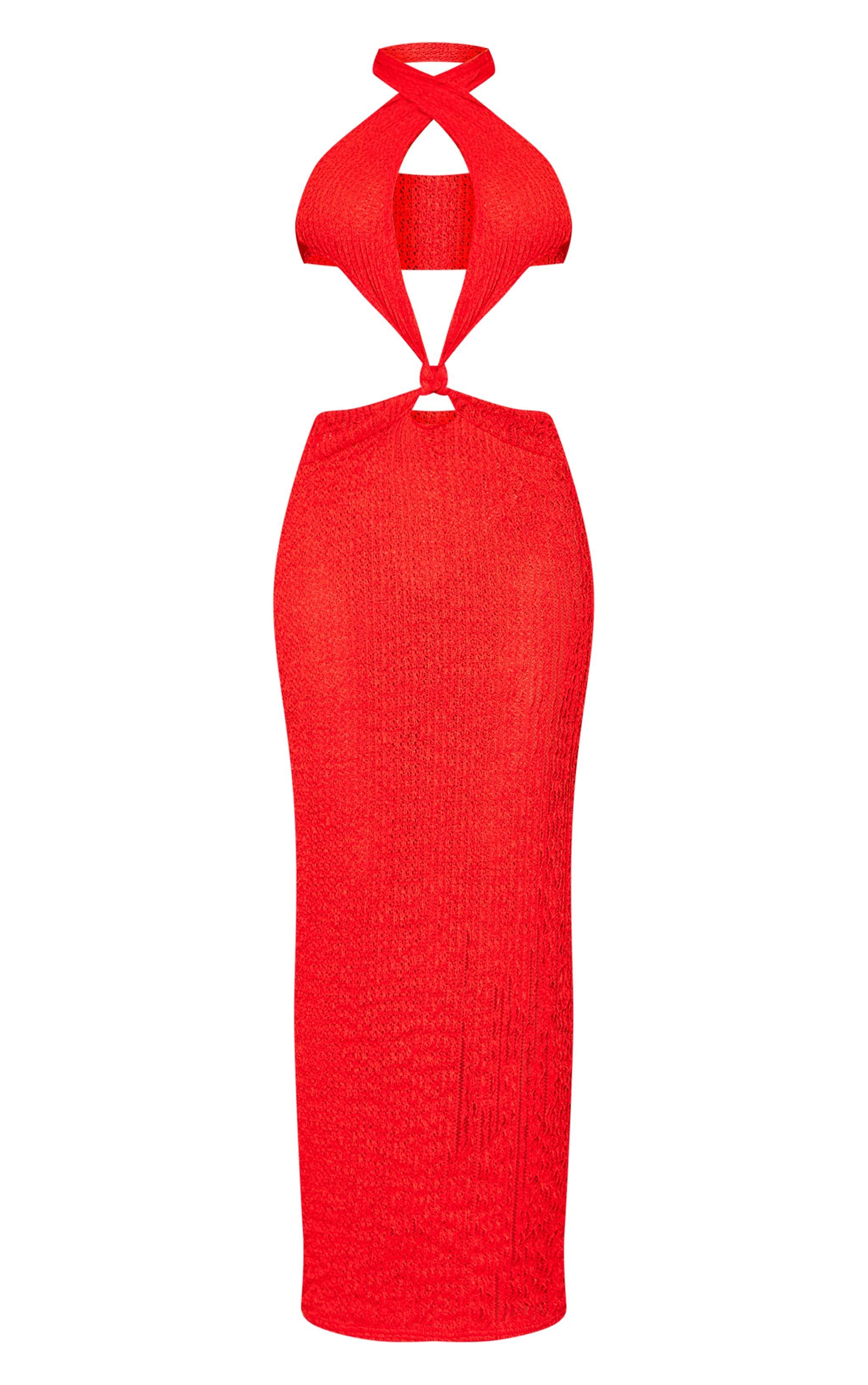 Tomato Red Textured Halterneck Cross Front Maxi Dress Product Image