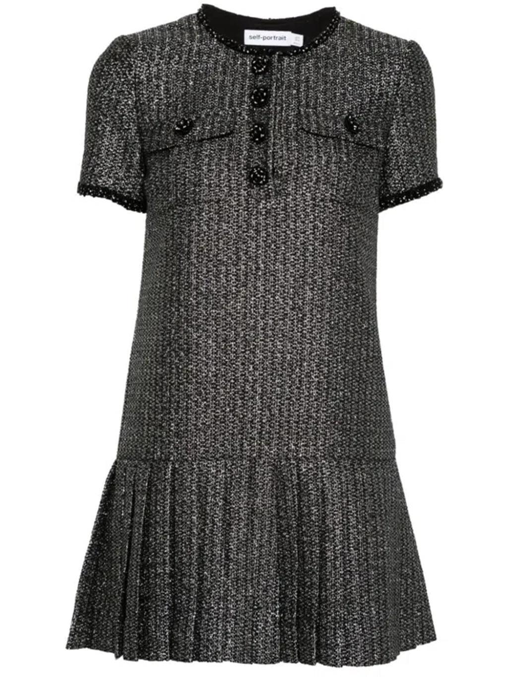 Metallic Boucle Pleated Mini Dress In Black Product Image