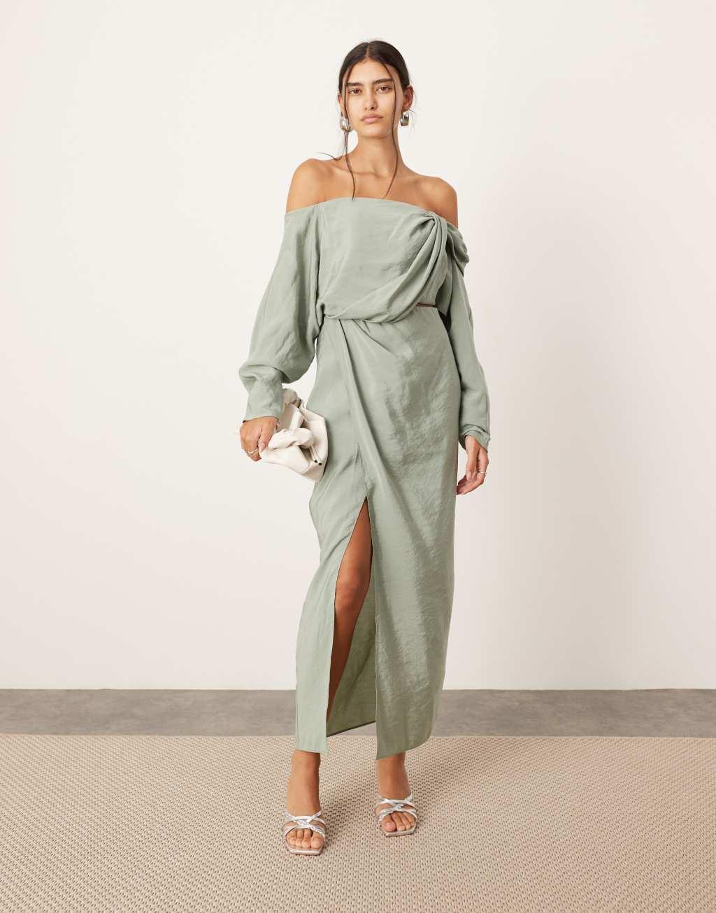 ASOS EDITION twist off-shoulder midi dress with cut-out detail in sage green Product Image