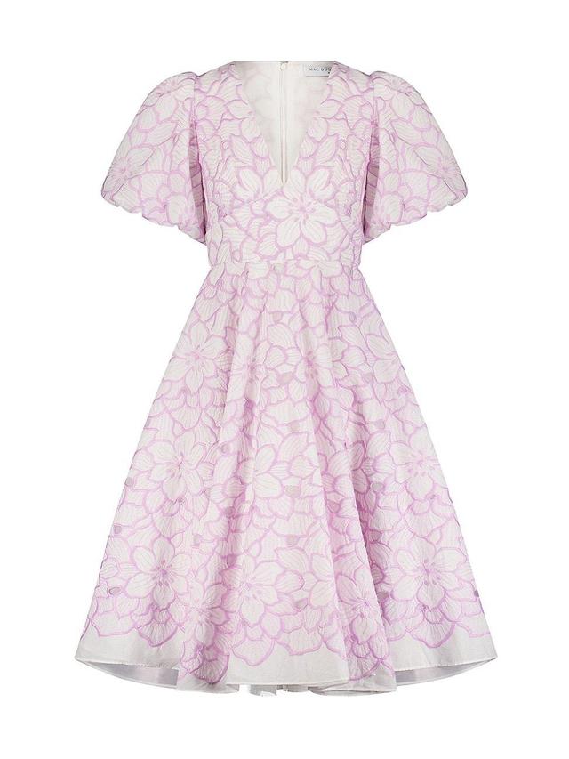 Womens Floral Embroidered Puff-Sleeve Midi-Dress Product Image