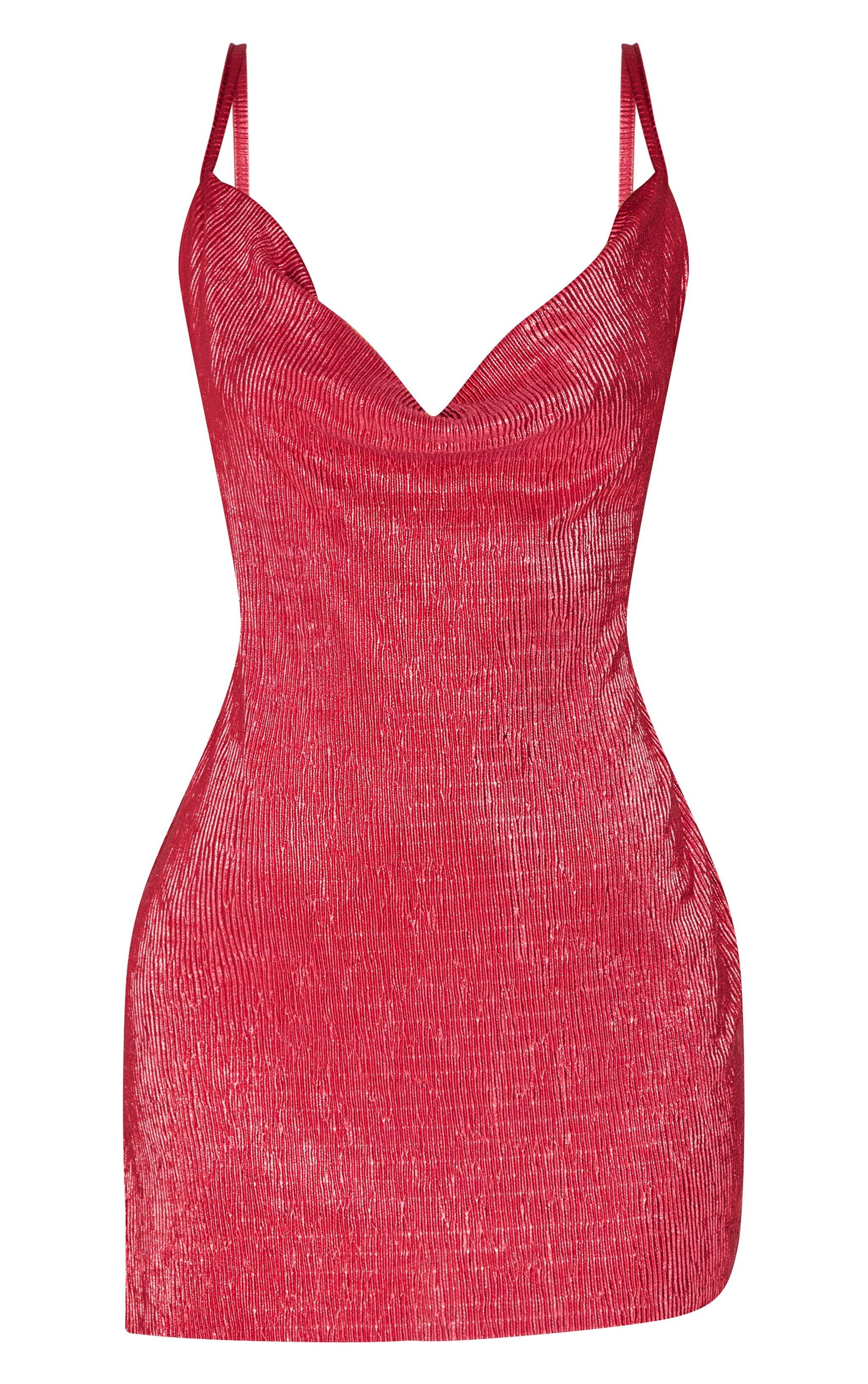 Cherry Red Metallic Plisse Cowl Neck Strappy Bodycon Dress Product Image