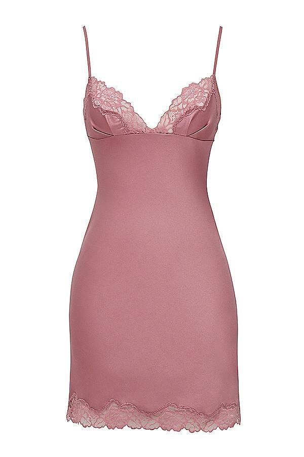 Nia Rose Pink Satin & Lace Slip Dress Product Image