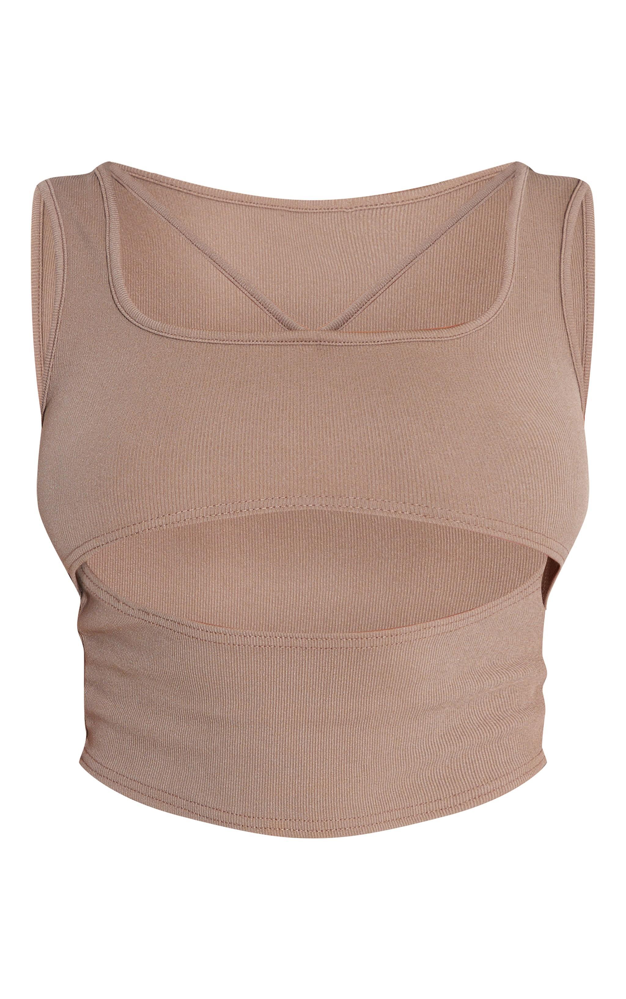  Shape Taupe Ribbed Strap Detail Cut Out Crop Top product image