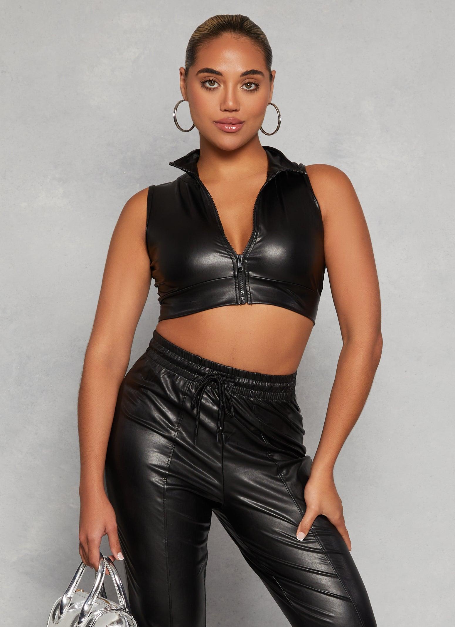 Womens Faux Leather Zip Front Crop Top Product Image