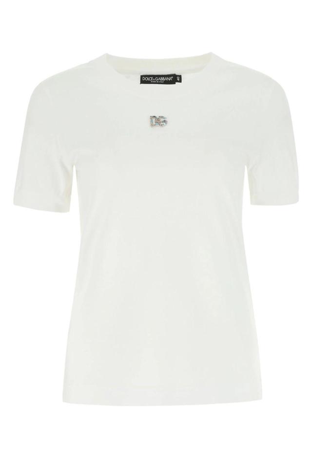 DOLCE & GABBANA Crystal Logo Cotton Jersey T-shirt In White Product Image