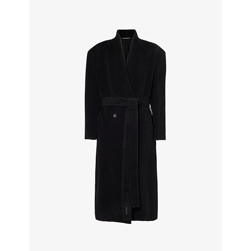 FEAR OF GOD Mens Black Lapelless Herringbone-weave Wool Coat Product Image