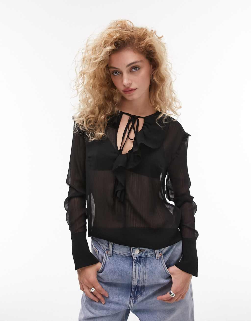 Topshop long sleeve ruffle front top in black  Product Image